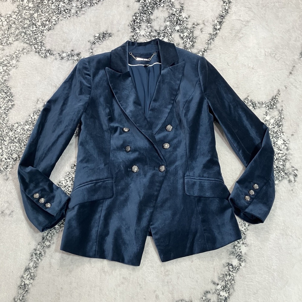 White House Black Market Blazer Womens Size 2P Blue Velvet Double Breasted